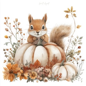 12 Herbst Kürbisse mit Eichhörnchen Aquarell Clipart, JPG auf weißem Hintergrund, Herbst Herbst, digitaler Download, kommerzielle Nutzung, Junk Journal