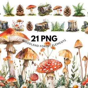 21 Woodland Forest Element Clipart, Archivos PNG, Setas, Troncos de Árboles, Helechos, Rocas, Descarga Digital, Fondo Transparente, Uso Comercial
