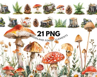 21 Woodland Forest Element Clipart, PNG-bestanden, paddestoelen, boomstammen, varen, rotsen, digitale download, transparante achtergrond, commercieel gebruik