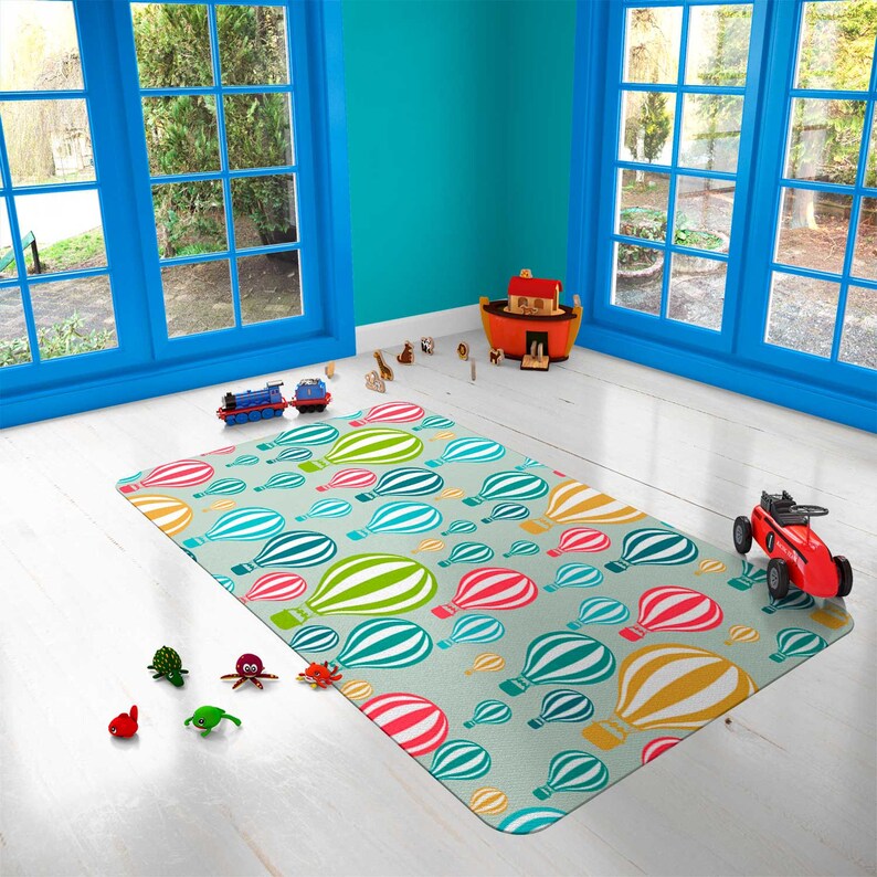 Blue Nursery rug Kids rug Hot Air balloon rug Baby Shower Etsy