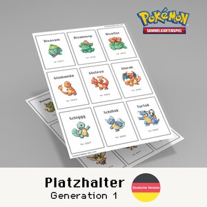 Könnte beinhalten: Ein Set von Pokémon-Sammelkarten mit Charakteren wie Bisasam, Glumanda und Schiggy. Die Karten sind in einem Raster angeordnet, jede mit einer Charakterillustration und einer Nummer. Das Pokémon-Logo ist sichtbar.