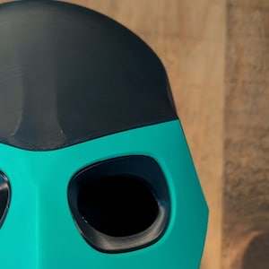 May include: A teal and black plastic mask with two eye holes. The mask has a rounded top and a pointed chin.