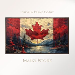 Peut inclure: Impression sur toile encadrée du drapeau canadien, avec un effet de peinture à l'huile texturée. La feuille d'érable rouge est centrée sur un fond blanc, avec des bordures rouges. L'arrière-plan présente un paysage avec des arbres, des montagnes et un lac. Le texte "PREMIUM FRAME TV ART" et "MANZI STORE" sont visibles.