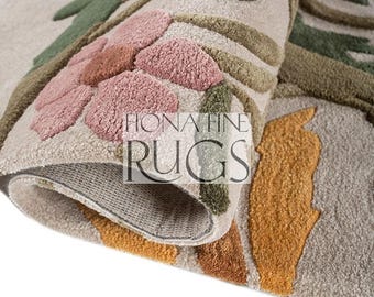 Tufted Wool Floral Rug Vintage Botanical Carpet
