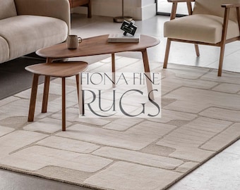 Alfombra de lana tejida a mano: moderna alfombra geométrica de bucle y pelo cortado, color beige marfil