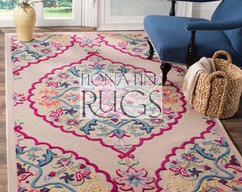 Tapis de chambre vintage en laine faite main, motif floral, crème, rose et turquoise, style vintage.
