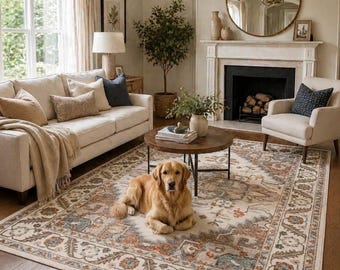 Hand Tufted Vintage Medallion Rug, Traditional Oriental Wool Rug, Beige Blue Area Rug, Classic Floral Carpet, Persian Style Living Room Rug
