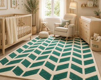 Moderner handgetufteter Wollteppich, grüner Geometrischer Teppich, Luxuriöser Zeitgenössischer Teppich für Wohnzimmer & Kinderzimmer