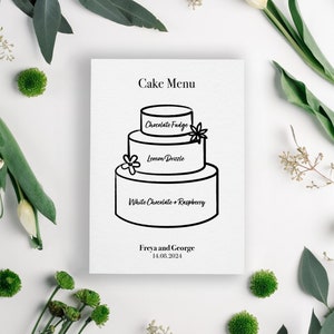 Hochzeitstorte-Menü, Hochzeitsdrucke, Kuchenmenüdrucke, bearbeitbare Vorlage
