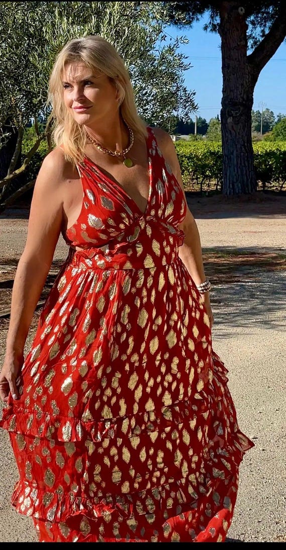 Tall Fashion Bohemian Red Maxi Dress: Gold Metallic Print with Feminine Ruffle Tiers Tall Fashion Bohemian Red Maxi Dress: Gold Metallic Print with Feminine Ruffle Tiers