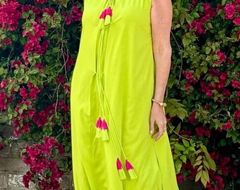 True Long Lime Green Maxi Dress: Irregular hem with Tassels