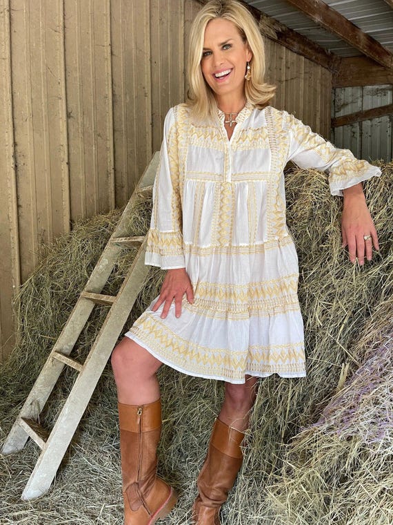 Tall Fashion Ivory Midi Dress With Gold Embroidery and 3/4 Bell Sleeves -  Etsy
