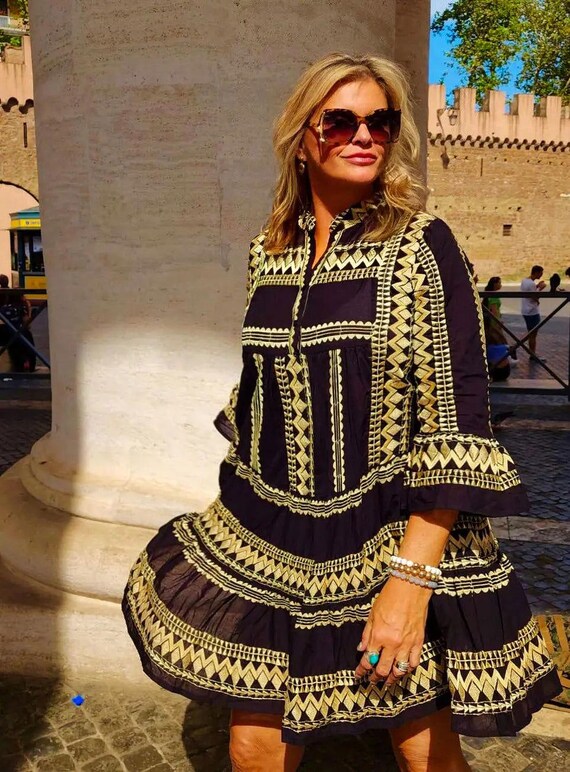 Tall Women's Black Daphne Mini Dress | Gold Embroidery XLarge / Argon Cotton with Gold threading hand woven Design