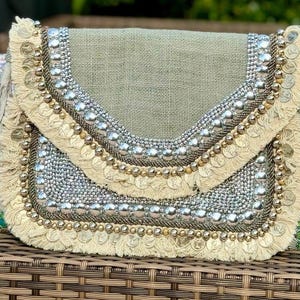 Cartera de arpillera gris, cartera cruzada, cartera bordada, monedero, bolso de arpillera, bolso, bolso de moda, cartera, cartera cruzada, con cuentas, accesorio de moda
