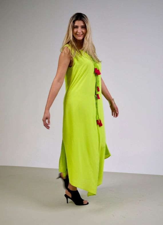 True Long Lime Green Maxi Dress: Irregular Hem with Tassels