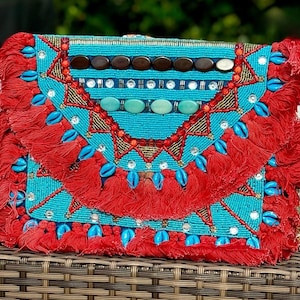 Beaded Turquoise Crossbody Clutch with Red Tassels