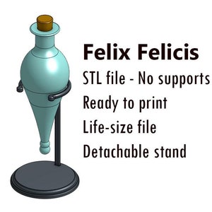 May include: A teal blue glass bottle with a cork stopper, shaped like a traditional potion bottle, on a black metal stand. The bottle is labeled "Felix Felicis". The text below the label reads "STL file - No supports, Ready to print, Life-size file, Detachable stand."