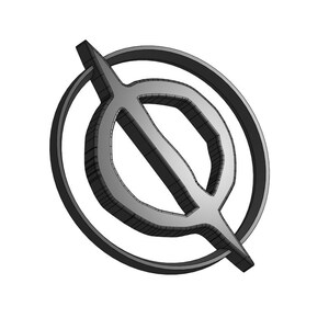 May include: A silver-colored metal logo with a circle and a line through it. The line is angled and extends beyond the circle.