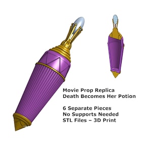 Op de afbeelding: Een paarse en gouden filmrekwisiet replica van de Death Becomes Her drankfles. De fles heeft een conische vorm met verticale ribbels en geometrische details. De tekst op de afbeelding luidt "Movie Prop Replica Death Becomes Her Potion".