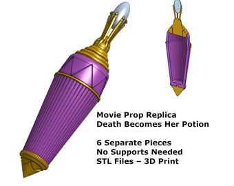 May include: A purple and gold movie prop replica of the Death Becomes Her potion bottle. The bottle has a conical shape with vertical ridges and geometric details. The text on the image reads "Movie Prop Replica Death Becomes Her Potion".