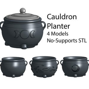 Puede incluir: Cuatro modelos de maceta en forma de caldero imprimibles en 3D. El caldero tiene una tapa y tres patas. Los diseños incluyen una triple luna, una luna creciente, plumas y un diseño liso. No se necesitan soportes para la impresión.