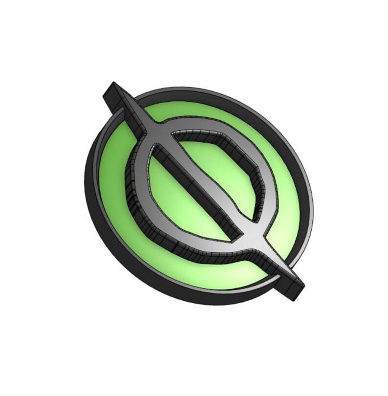 May include: A black and green 3D printed symbol with a circle and a line through it.