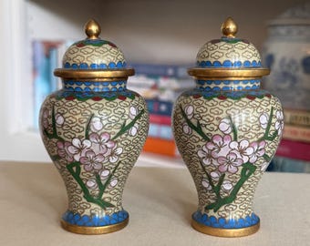 Vintage Cloisonne Ginger Jars Pair Miniature Lidded Urns Cherry Blossom Chinoiserie Decor Chinese Enamel Brass Jars