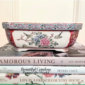 Vintage Famille Rose Jardinière – Hand Painted Chinese Porcelain Planter with Birds & Flowers – Footed Orchid Pot