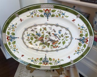 Antique Wedgwood England Platter c.1900 | 15” Bird Floral Serving Platter | Green Polychrome English Transferware | Aesthetic Decor