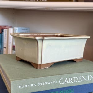 Vintage Celadon Green Bonsai Planter, Small Rectangular Glazed Ceramic Pot, Chinoiserie Desk Decor, Sage Green Succulent Cachepot