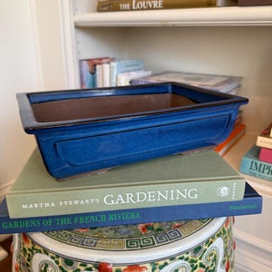 Vintage Cobalt Blue Bonsai Planter, Rectangular Glazed Ceramic Pot, Chinoiserie Garden Decor, Blue and White Aesthetic Large Succulent Plant