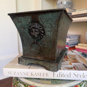Vintage Lion Head Footed Metal Planter Verdigris Cachepot | Neoclassical Jardiniere Antique Style Garden Planter English Country Decor