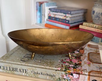Vintage Solid Brass Footed Oval Bowl Heavy Brass Centerpiece Hong Kong Brass Catchall Dish Traditional English Country Decor
