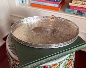 Vintage Barker Ellis Silver Plate Tray, Made in England, Ornate Engraved Oval Gallery Tray, English Serving Tray, Grandmillennial Decor 11.5