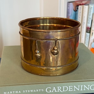 Vintage Brass Planter with Tassel Detail 5.75” | Hollywood Regency Rope Trim Cachepot | Round Brass Vessel | Traditional Decor Accent