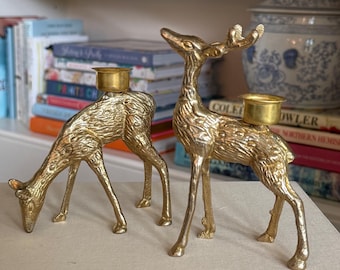 Vintage Brass Deer Candlestick Holders Pair Stag and Doe Brass Candle Holders Hollywood Regency Woodland Decor Brass Animal Figurines
