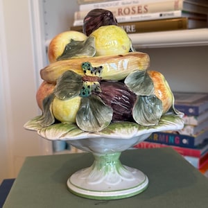 Vintage Italian Majolica Fruit Topiary 9.5” | Hand Painted Fruit Basket with Butterfly | Capodimonte Style Centerpiece | Cottage Core Decor