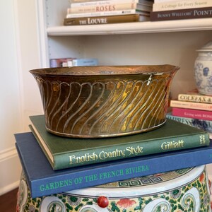 Vintage Oval Brass Planter | Sculptural Swirl Motif Brass Bowl | Hollywood Regency Cachepot | Large Low Brass Centerpiece