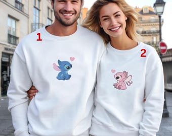 Camiseta de San Valentín con bordado de puntada y ángel, sudadera divertida para el Día del Amor, sudadera con capucha de pareja de Disney, camiseta de aniversario con puntada de amor