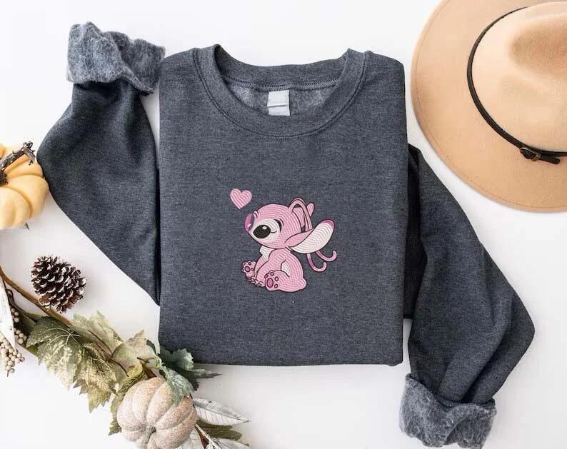 Embroidered Stitch And Angel Valentine Shirt, Funny Love Day Sweatshirt, Disney Matching Couple Hoodie, Anniversary Stitch Love Tee