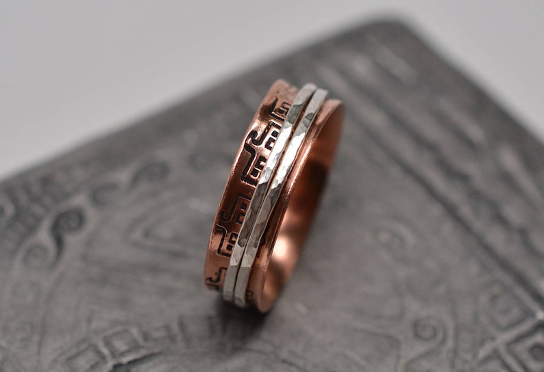 14 inch wide thunderbird textured bronze sterling silver copper 14k gold filled wire bands spinner ring ready to ship