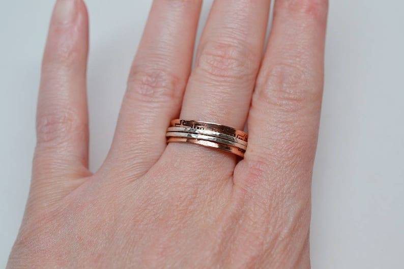 14 inch wide thunderbird textured bronze sterling silver copper 14k gold filled wire bands spinner ring ready to ship