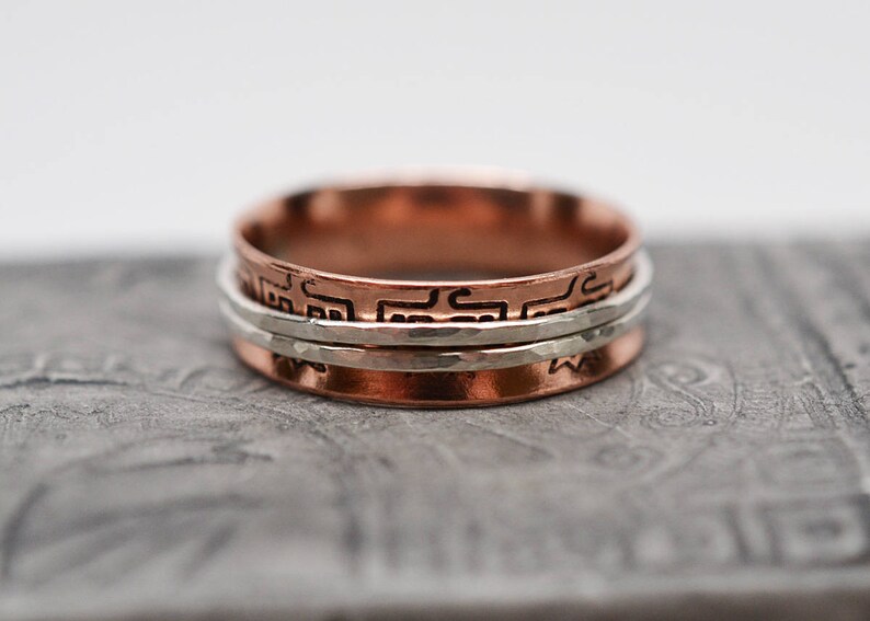 14 inch wide thunderbird textured bronze sterling silver copper 14k gold filled wire bands spinner ring ready to ship