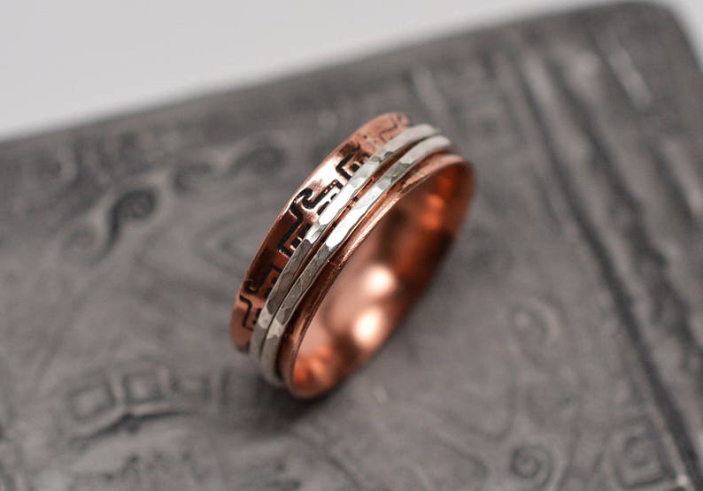 14 inch wide thunderbird textured bronze sterling silver copper 14k gold filled wire bands spinner ring ready to ship