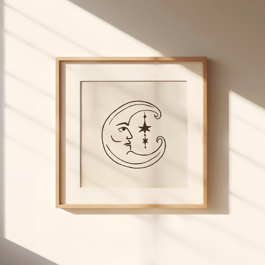 Vintage Crescent Moon & Stars Art Print Minimalist Celestial Wall Décor ...