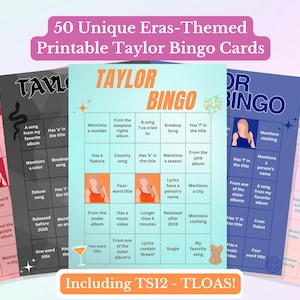 Op de afbeelding: Een verzameling van vijf afdrukbare Taylor Bingo-kaarten met een roze, zwarte en blauwe kleurstelling. Elke kaart heeft een uniek bingoraster met thema-aanwijzingen gerelateerd aan Taylor Swift's nummers en albums. De tekst "50 Unique Eras-Themed Printable Taylor Bingo Cards" staat bovenaan.