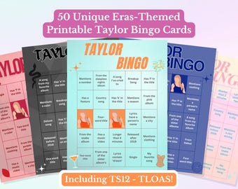 Taylor Bingo Printable 50 Unique Cards & Playlists, Includes TLOAS, Taylor/Party Games/Tween/Teen/Birthday/Sleepover/Eras/Concert/Song