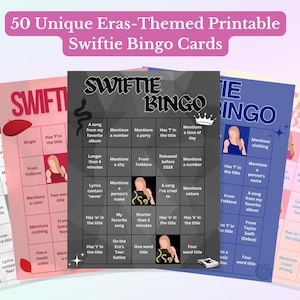 Swiftie Bingo druckbare 50 einzigartige Karten & empfohlene Wiedergabelisten, Taylor/Partyspiele/Tween/Teen/Geburtstag/Sleepover/Eras Tour/Konzert/Song/Spaß