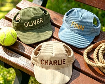 Custom Embroidered Dog Hat with Ear Holes, Personalized Corduroy Pet Baseball Cap, Dog Sun Visor for Small Medium Large Dogs, Puppy Gift