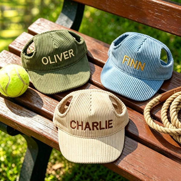 Custom Embroidered Dog Hat with Ear Holes, Personalized Corduroy Pet Baseball Cap, Dog Sun Visor for Small Medium Large Dogs, Puppy Gift